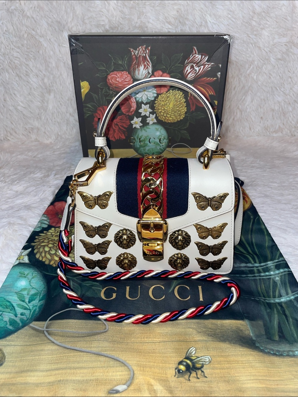 Gucci Sylvie Mini Animalier Butterfly Lion Head Animal Stud Top Handle Bag White